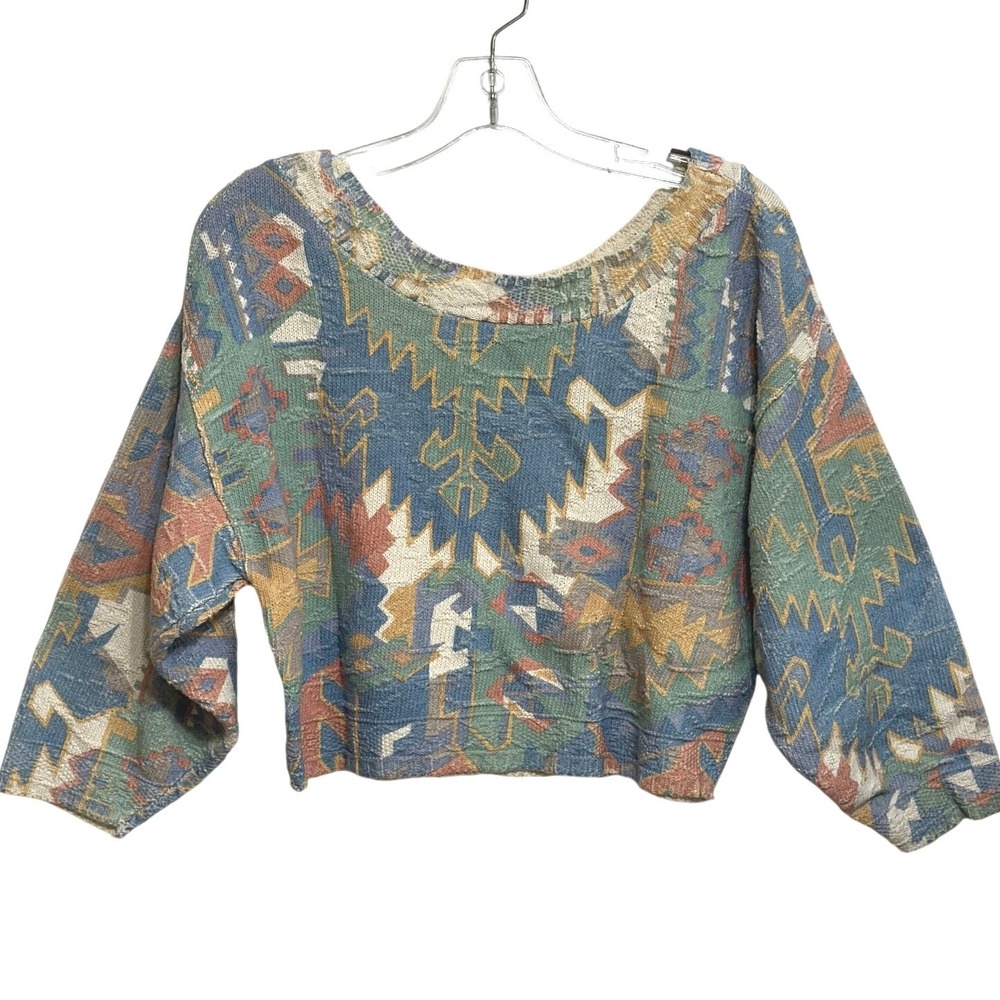 Objects d'art Sweater Womens Blue Multi Tapestry Crop Knit Southwestern USA OS
